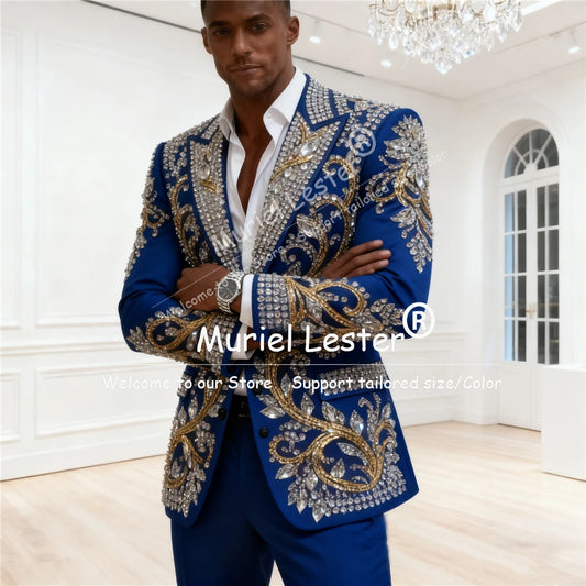 Diamond Beaded Stones Suit For Men 2 Pieces Sets Peaked Lapel Prom Blazer Customized Man Attire Formal Party Groom Tuxedo Luxury