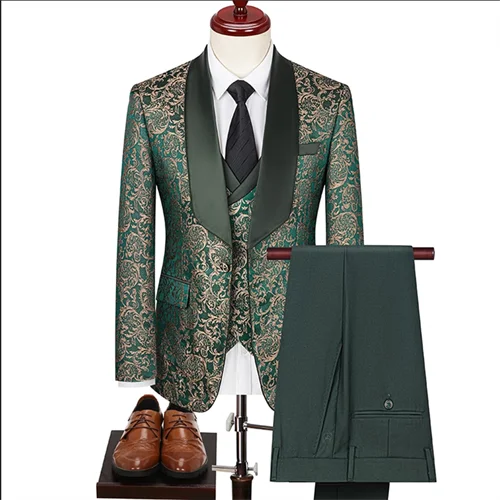 Men High Quality Wedding Jacquard Suits Fashion Male Business Social Dance Party Dress Blazers and Pant with Vest
