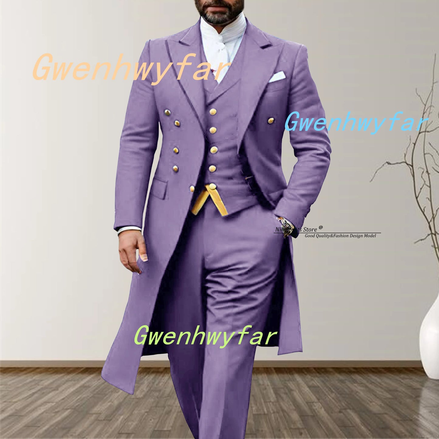 Gwenhwyfar 2025 Elegant Long Men's Suits 3-piece set of Turquoise Men's Wedding Costume with Golden Stitching Vest Casual Pants
