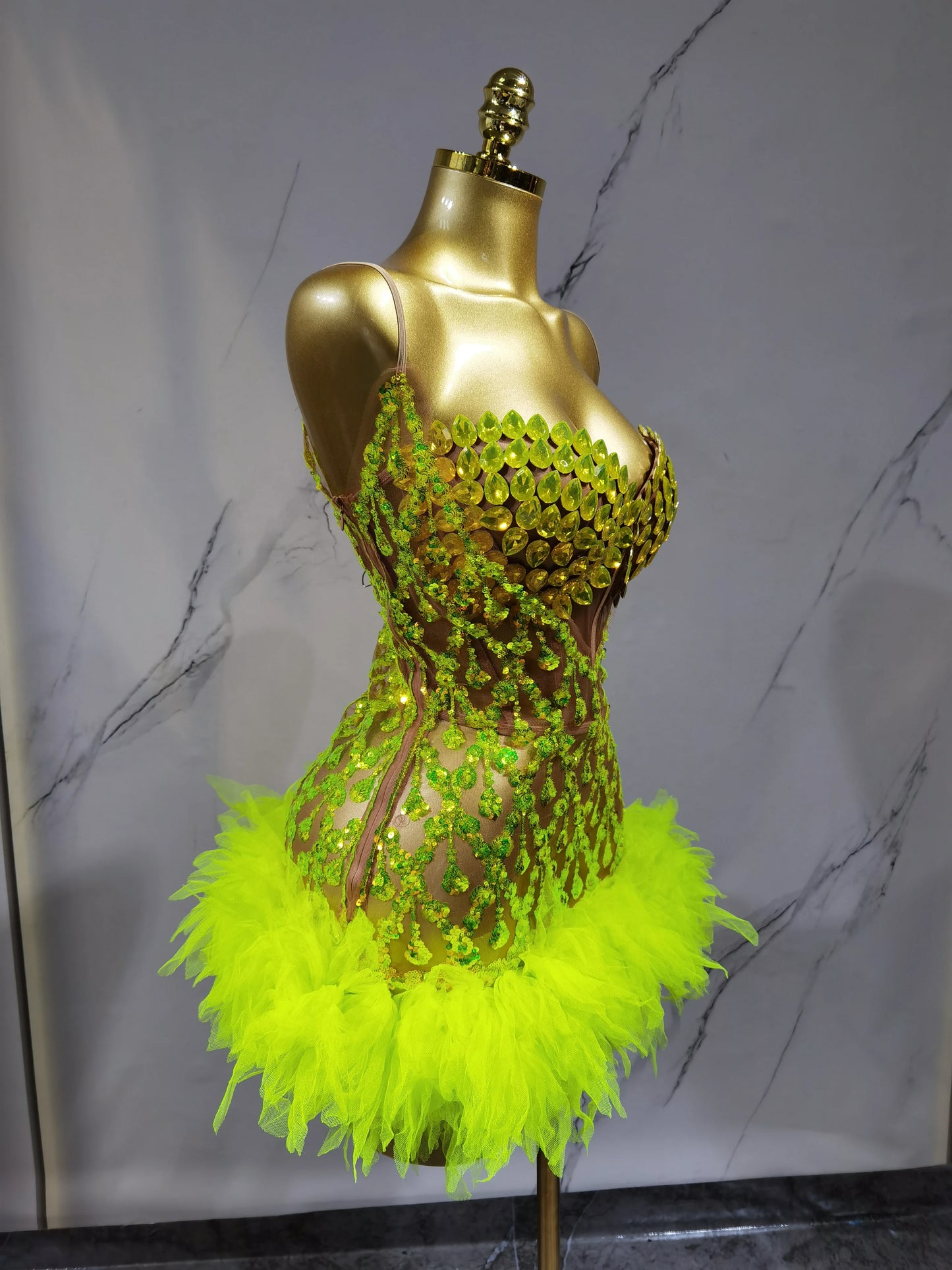 Fluorescent yellow Rhinstone Mesh tube top evening dress sing Gala Elegant Women Party Birthday Special Ocassion Sexy costume