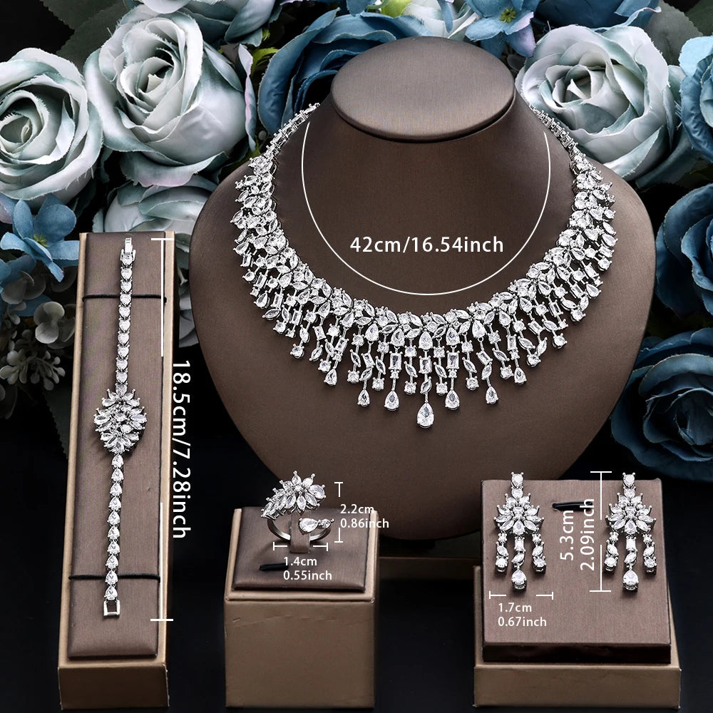 Luxury 4pcs Bridal Wedding Jewelry Set Cubic Zirconia Dubai Tassels Necklace Earrings Sets for Women Party Dress