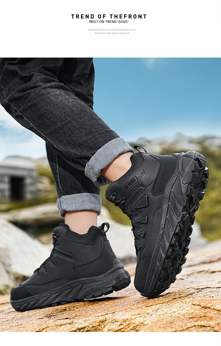 Large Size 48 Leather Hiking Boots Mens Winter Outdoor Warm Fur Non Slip 2025 Fashion Hike Ankle Boot Black Hunting Boots Rubber
