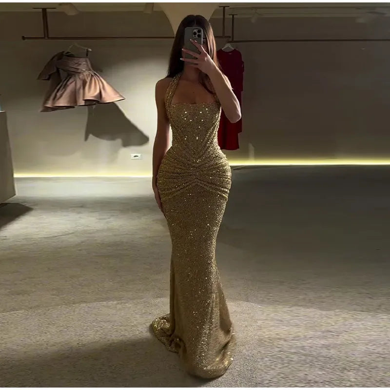 Women's Gold Sequin Halter Gown Square Neck Ruched Detail Mermaid Train Slim Fit Elegant Evening Party Formal Lady Fashion Dress