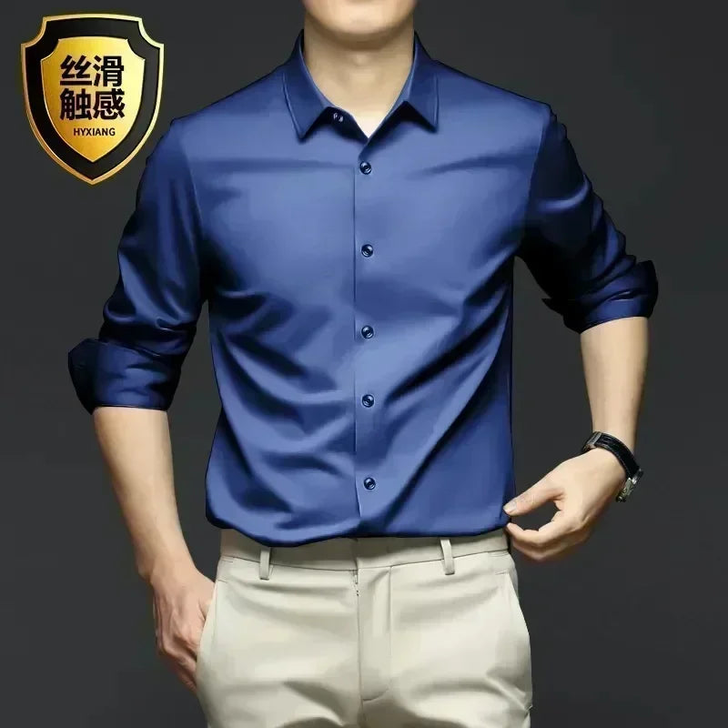 S-6XL Men's Long Sleeve Shirt Luxury Wrinkle Resistant Pure White Shirt Business Dress Casual Ice Silk Glossy Shirt