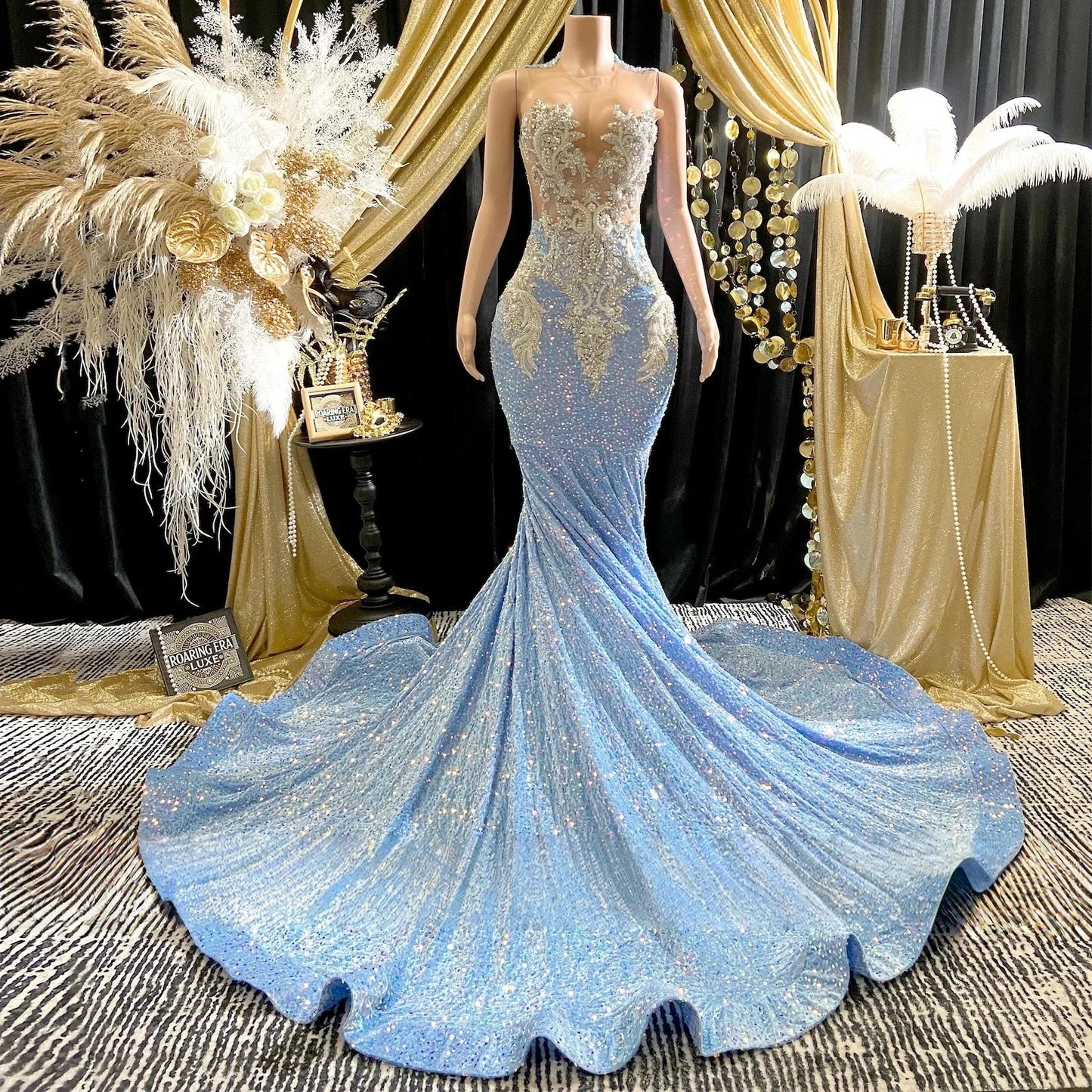 Blue Long Prom Dresses For Black Girls Sheer Sequins Beaded American African Evening Gowns Birthday Party Robe Customized