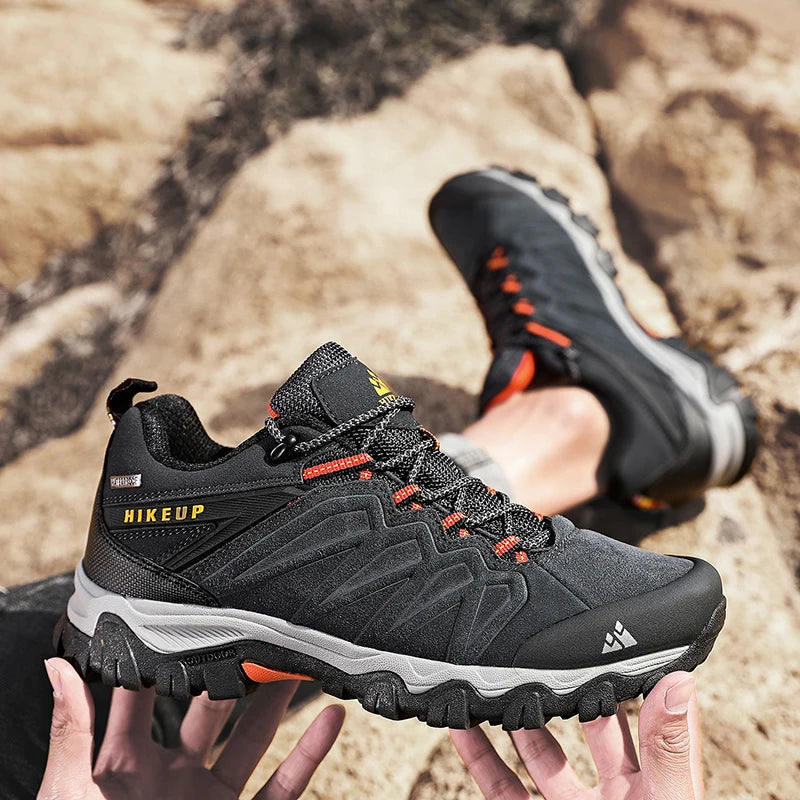 HIKEUP High Quality Leather Hiking Shoes Durable Outdoor Sport Men Trekking Leather Shoes Lace-Up Climbing Hunting Sneakers