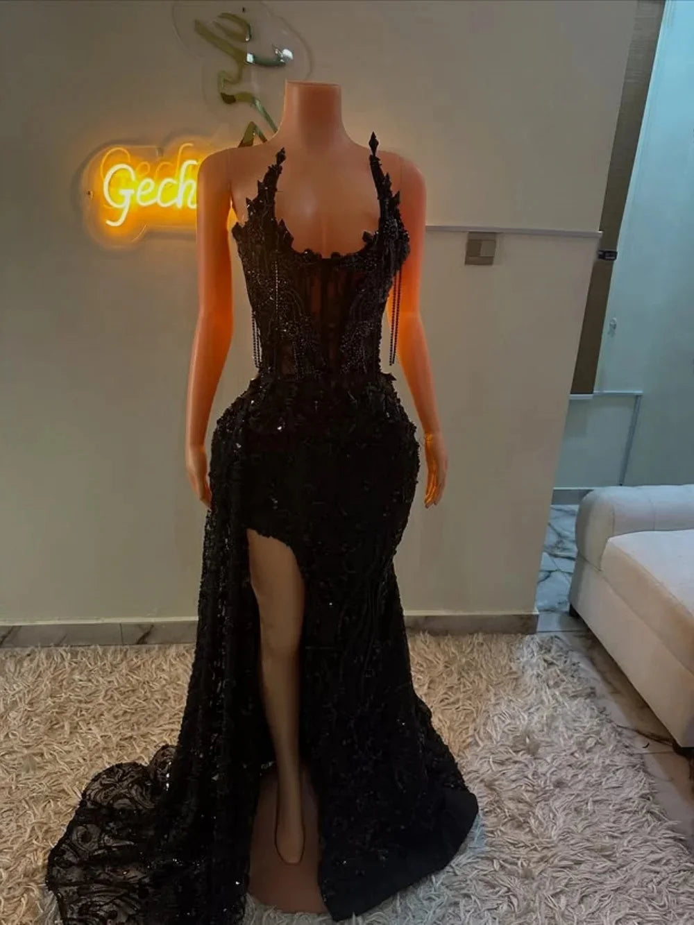 Sparkly African American Prom Dresses For Black Girls Mermaid Sheer Lace Beaded Slit Robe De Soiree Evening Gown Customized