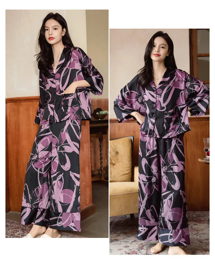 Premium Women's Ice Silk Pajama Set Lightweight Long Sleeve Loungewear Fashionable Silk Design Luxurious Comfort for Homewear