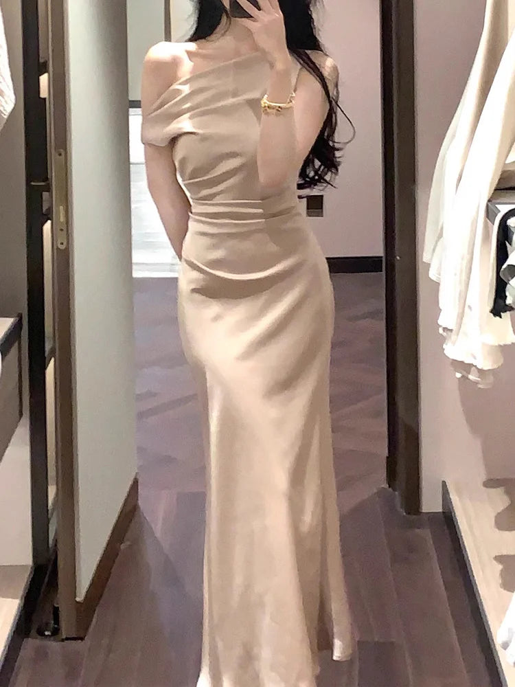 Ele Silk Blend Women's Dr ter Ne Slim Fit Fi Tail Gown Waist Cinched Summer Spring New Sle Long Evening Dr