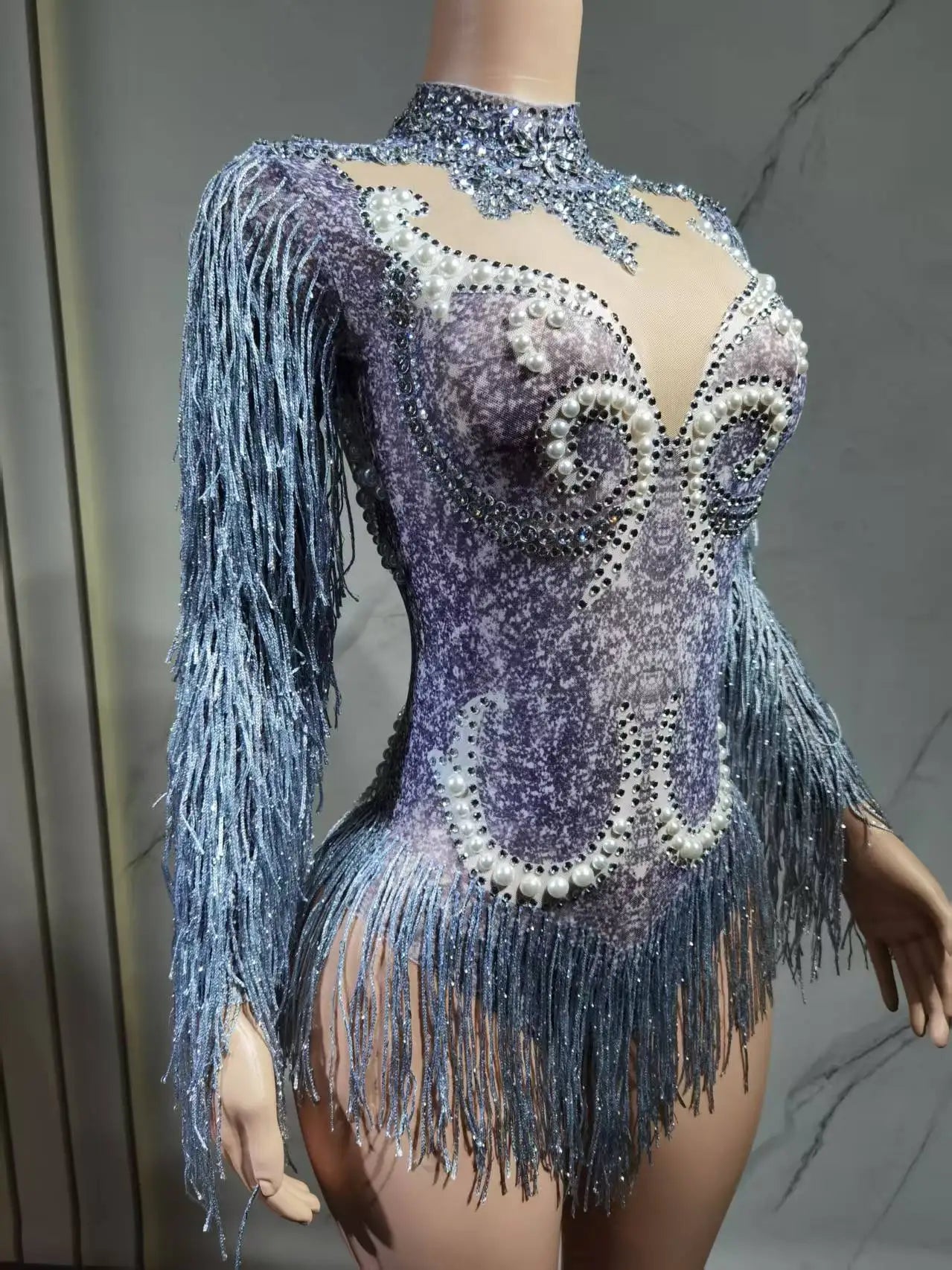 Luxury Gray Fringe Silver Rhinestones Pearls Transparent Bodysuit Women Dance Show Costume Birthday Party Outfit