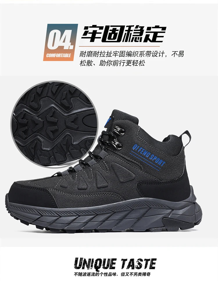 Large Size 48 Leather Hiking Boots Mens Winter Outdoor Warm Fur Non Slip 2025 Fashion Hike Ankle Boot Black Hunting Boots Rubber