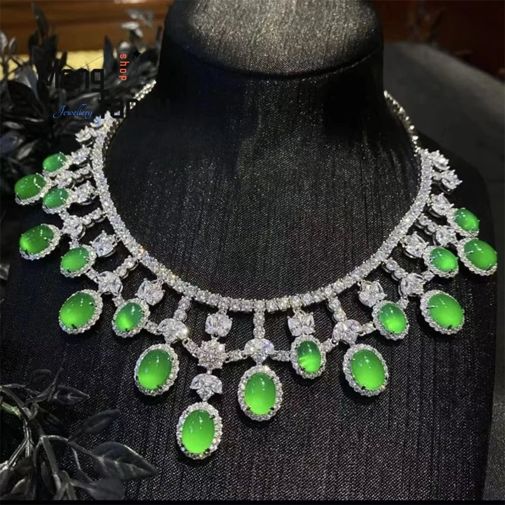 Luxurious Ice-Type Emerald Jadeite Chalcedony Necklace Plated With 925 Silver, And A Natural Green Chalcedony Banquet Chain