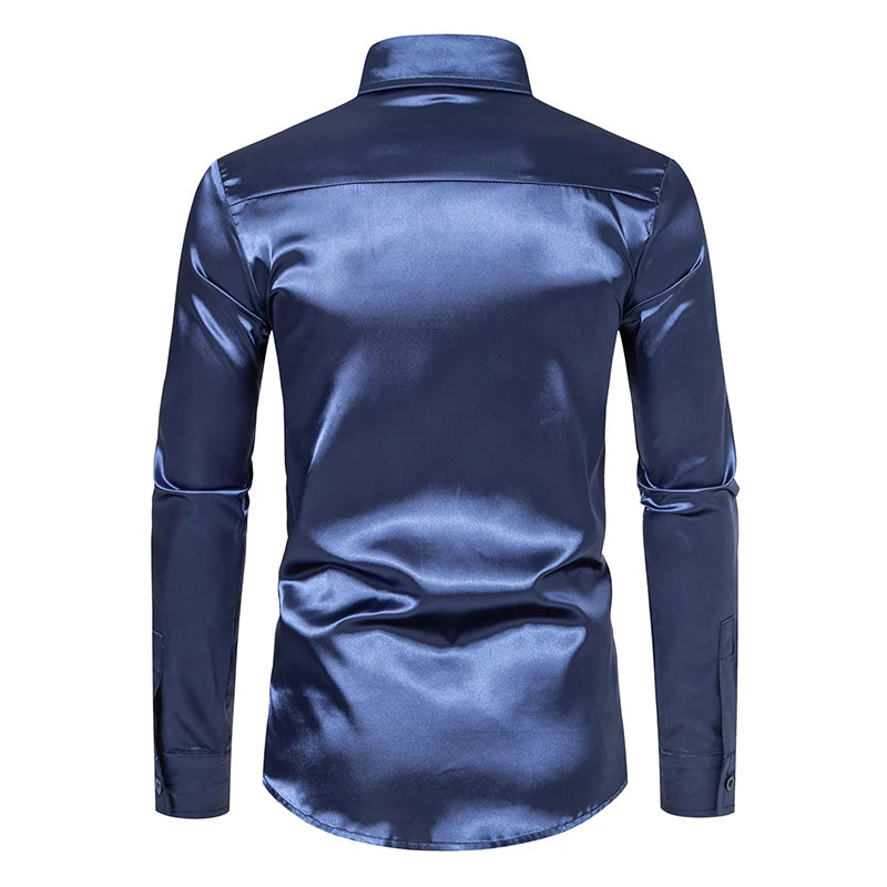 Men's Black Satin Luxury Dress Shirts Fashion Silk Smooth Tuxedo Shirt Solid Wedding Party Prom Casual Shirt Business Office