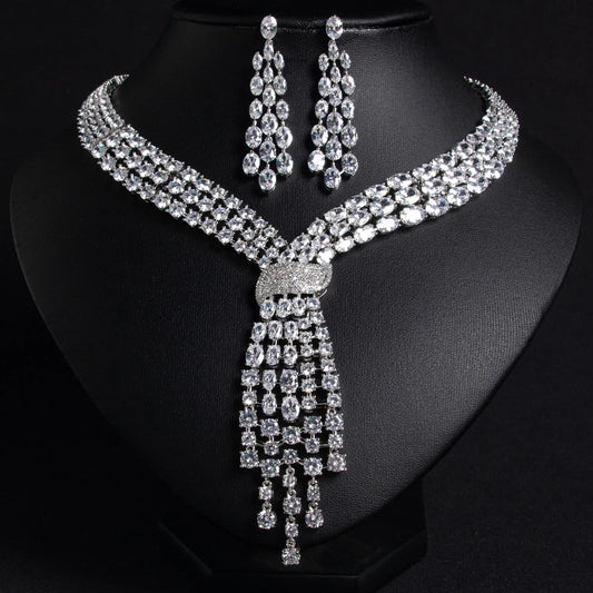 2 Pieces Set of Premium Glitter Water Drop Necklace Earrings Women's Clothing Light Luxury Jewelry Dubai Wedding Ball Gift M-748