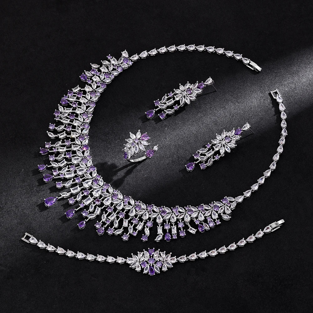 Luxury 4pcs Bridal Wedding Jewelry Set Cubic Zirconia Dubai Tassels Necklace Earrings Sets for Women Party Dress