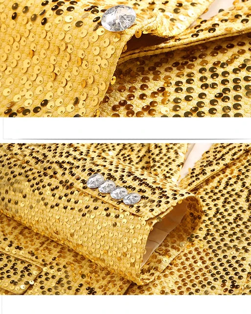 Men's Gold Sequin Slim Fashion Suit Two Piece Set, Stage Performance, Host Costume. Top+Pants