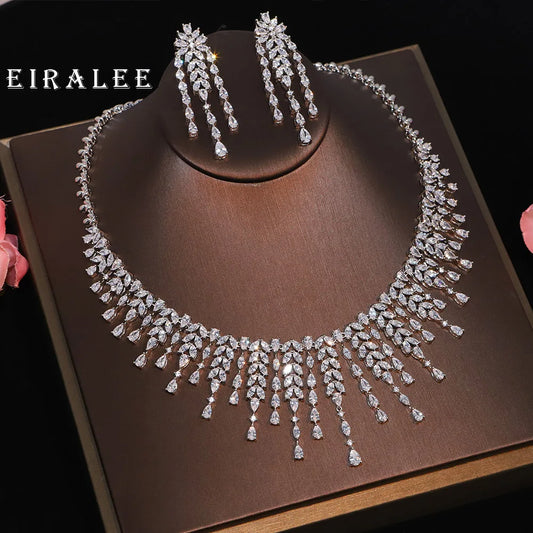 EIRALEE African Bridal Jewelry Set Fashion Leaf Shape Fringe Zircon Necklace 2-piece Set Women's Wedding Party Accessories