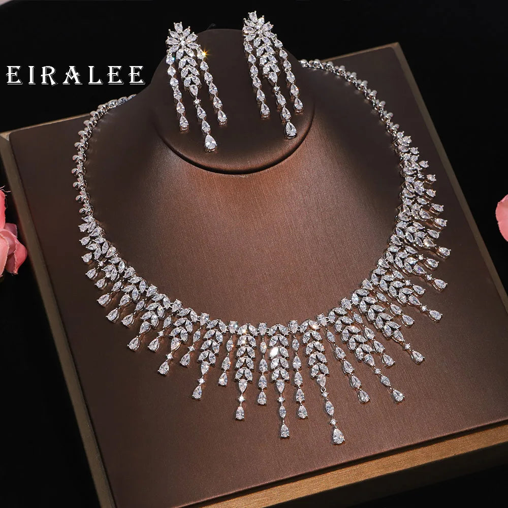 EIRALEE African Bridal Jewelry Set Fashion Leaf Shape Fringe Zircon Necklace 2-piece Set Women's Wedding Party Accessories