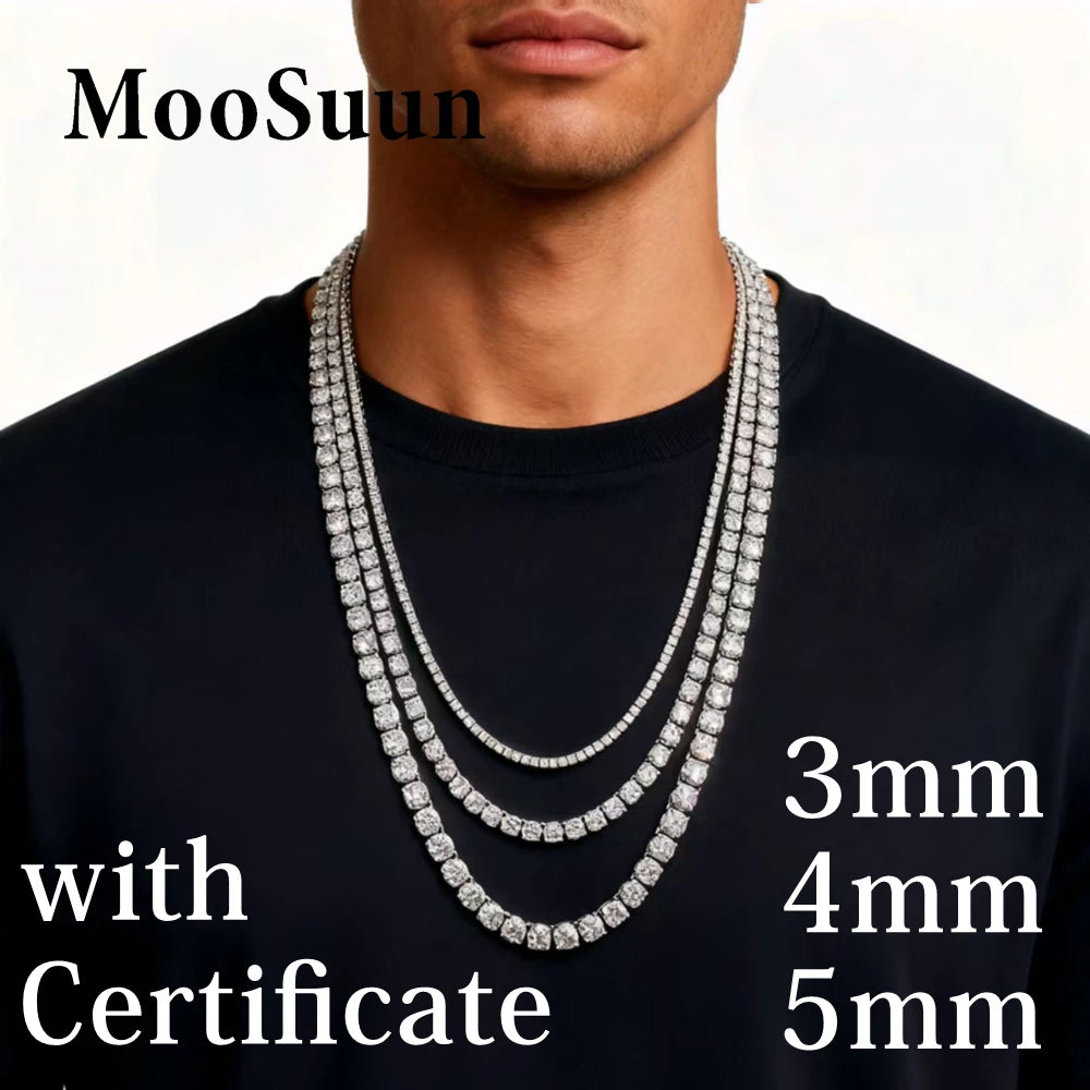 MooSuun 3/4/5/6.5mm Moissanite Tennis Necklace for Women Men Sparkling Lab Diamond S925 Sterling Silver Luxury Fine Jewelry