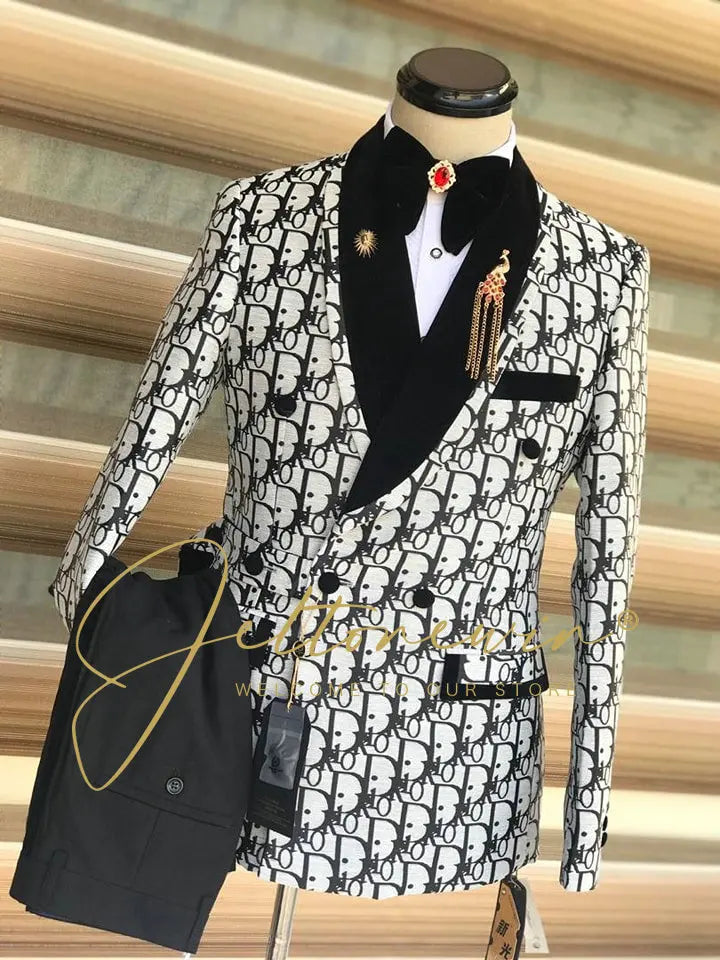 Blue Gold Jacquard Double Breasted Suit for Men Shawl Lapel Slim Fit Luxurious Fashion Statement Wedding Groom Stage Wear homme