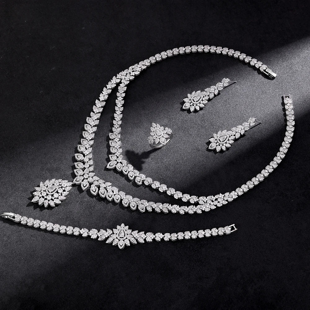 Fashion Zirconia UAE Dubai Bridal Jewelry Set For Women Double Layer Wedding Necklace Set 4pcs Jewelry Accessories