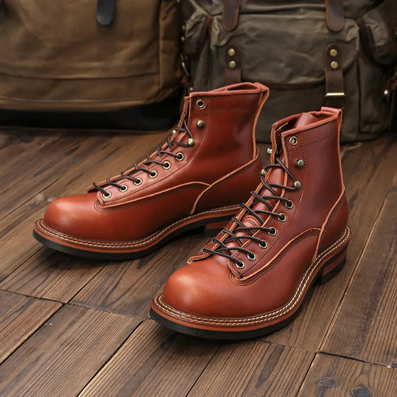 KOWM Hiking shoes cowhide men's trekking boot British ankle casual sneakers trekking shoes thick soled high top motorcycle boots