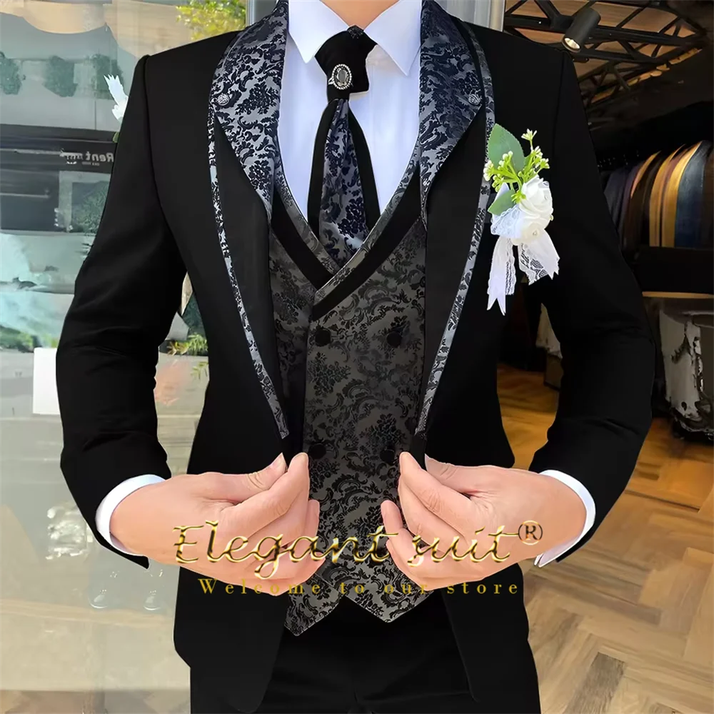 Men's 3-Piece Suit Set, Black Jacquard Vest, Contrast Style, Suit, Vest & Trousers, Weddings & Celebrations Choice