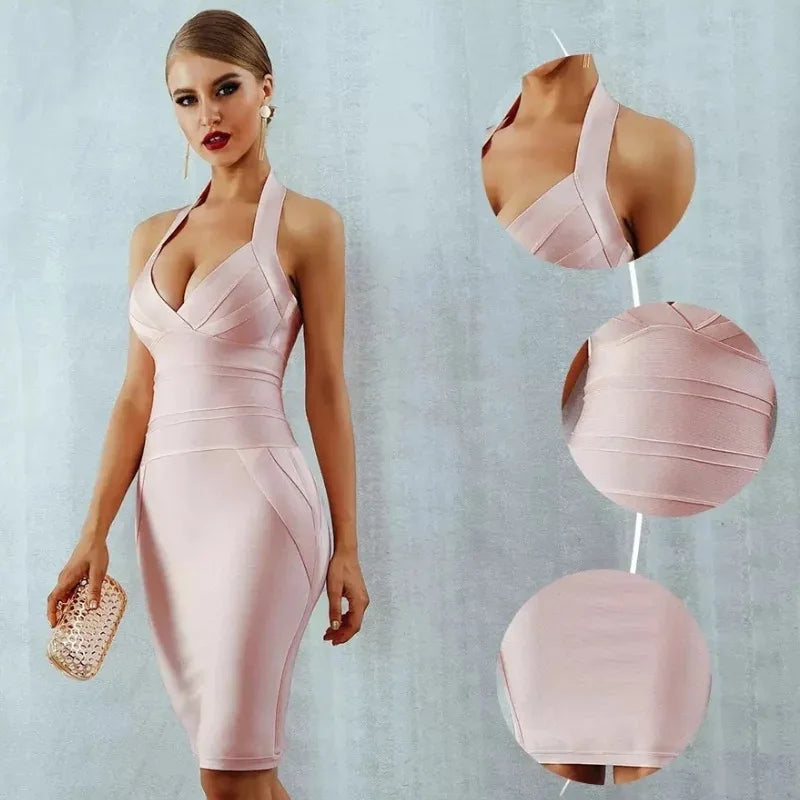 New women's fashionable neck hanging sexy suspender backless tight bandage dress 2024 elegant hip hugging dress