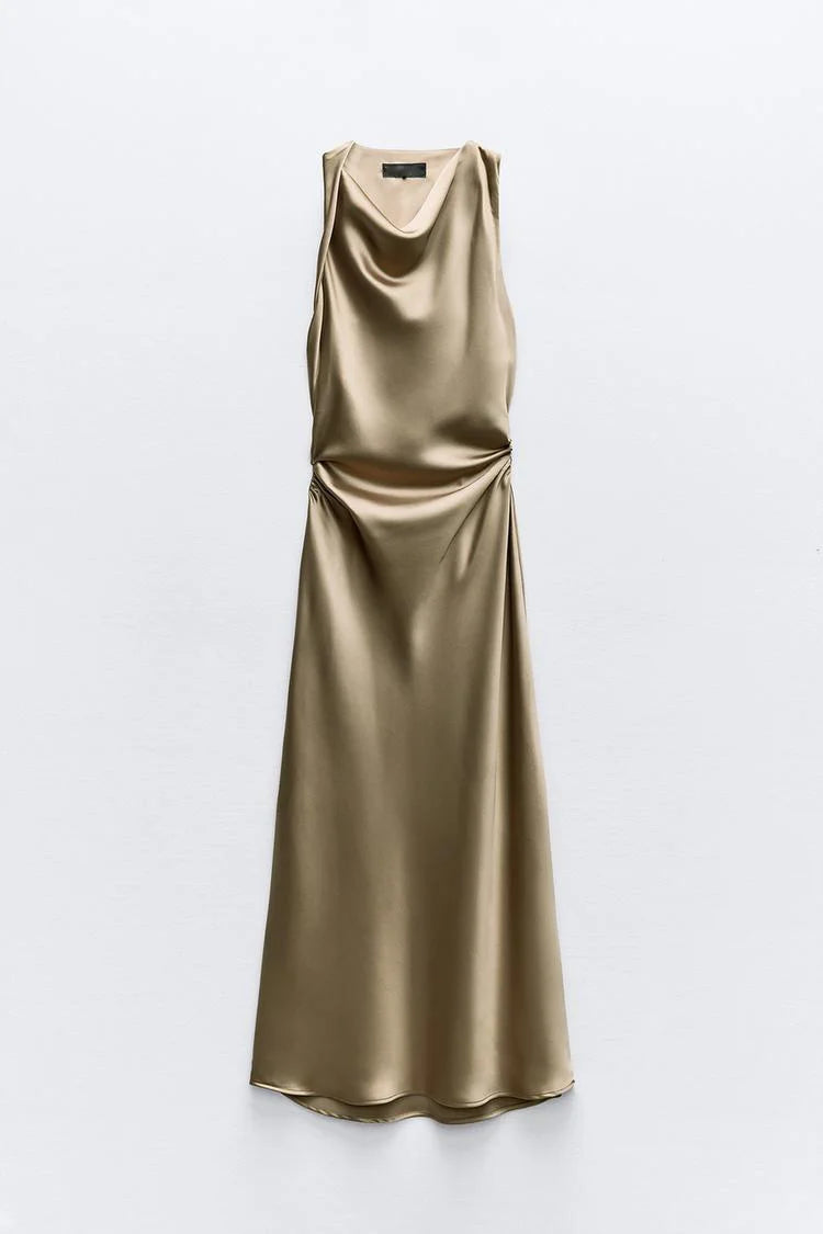 Early Autumn Silk Satin Texture Midi Dr High Waist A-Line Skirt No Sve round Ne Par Dr for Ladies in Their 20s