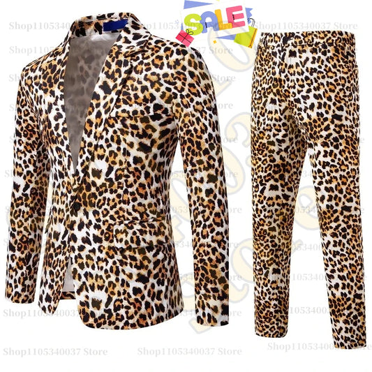 2026 Yellow Digital Print Leopard Print Suits Set for Men,Leopard Print Fashion Casual Slim-Fit Men's Blazer + Pants 2-Piece Set
