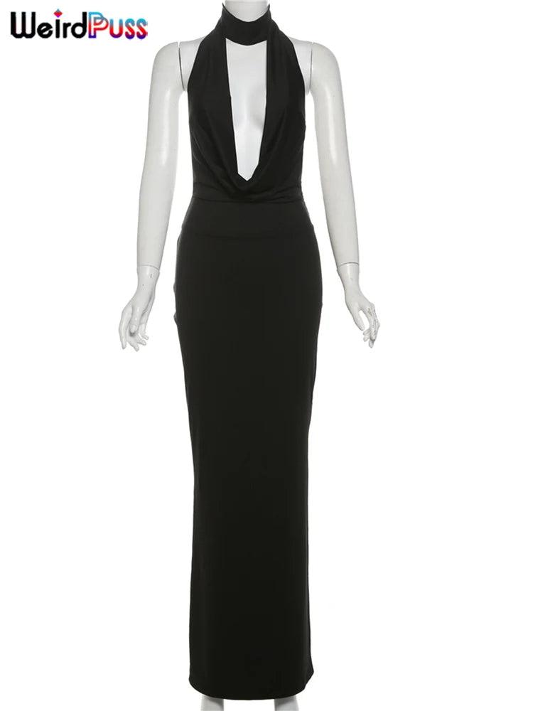 Weird Puss Hollow Halter Dress Women Low-Neck Backless Sexy Sleeveless Slits Robe Trend Midnight Banquet Coquettish Long Bodycon
