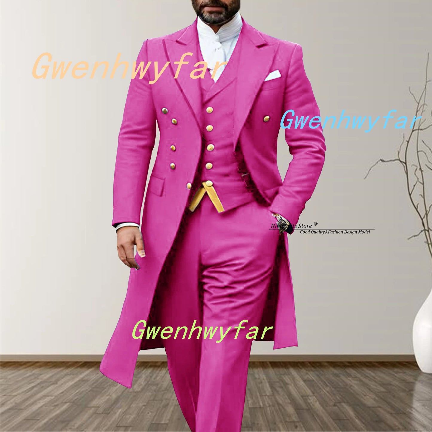Gwenhwyfar 2025 Elegant Long Men's Suits 3-piece set of Turquoise Men's Wedding Costume with Golden Stitching Vest Casual Pants
