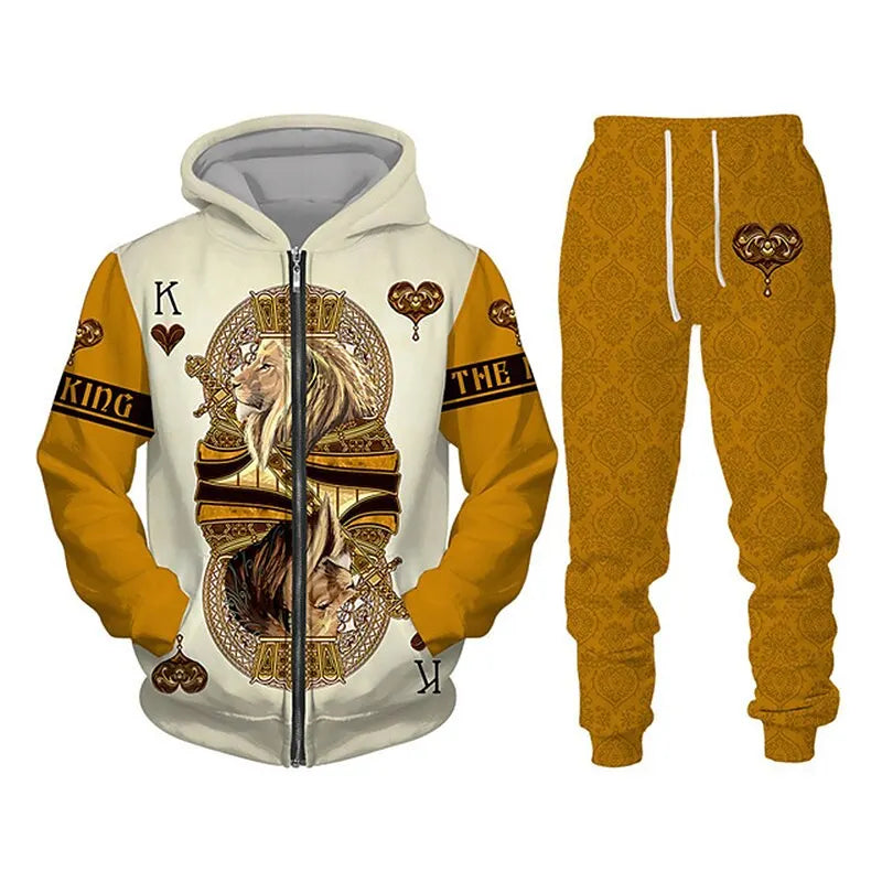 Men's Zip Hoodie Tracksuit Full Hoodies Set Lion Graphic Zipper 2 Piece Hooded Sports Outdoor Casual Sports 3D Print Streetwear