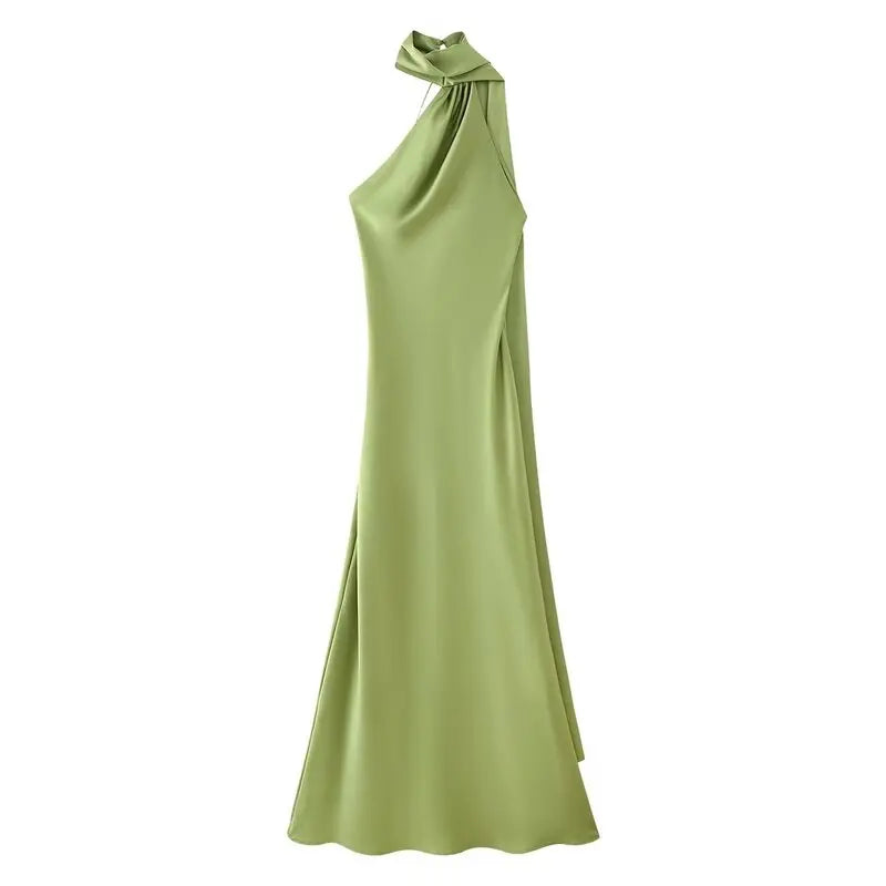 Ele Long Silk Satin Dr Ne Hanging Pure Color Slim Fit Summer New Sle Women's Faion Dr for Ladies Premium