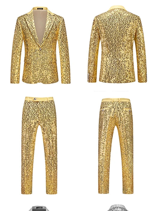 Men's Gold Sequin Slim Fashion Suit Two Piece Set, Stage Performance, Host Costume. Top+Pants