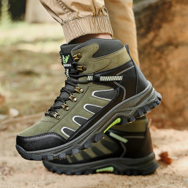 Mens Trekking Boots Thick Soles Wear-resistant Suede Leather Breathe Lace Up Sneakers Winter Warmth Comfort Camping Hiking Shoes