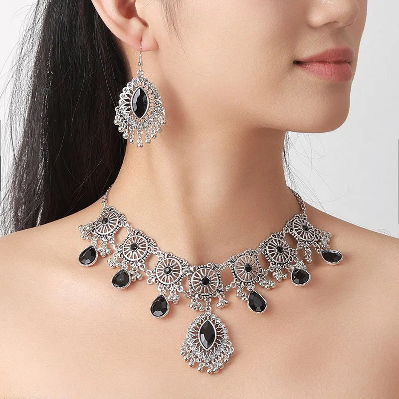 2pcs Vintage Indian Ethnic  Style Jewelry Set For Women Crystal  Inlaid Jewelry Sets  Water Drop Pendant Necklace Earring Set