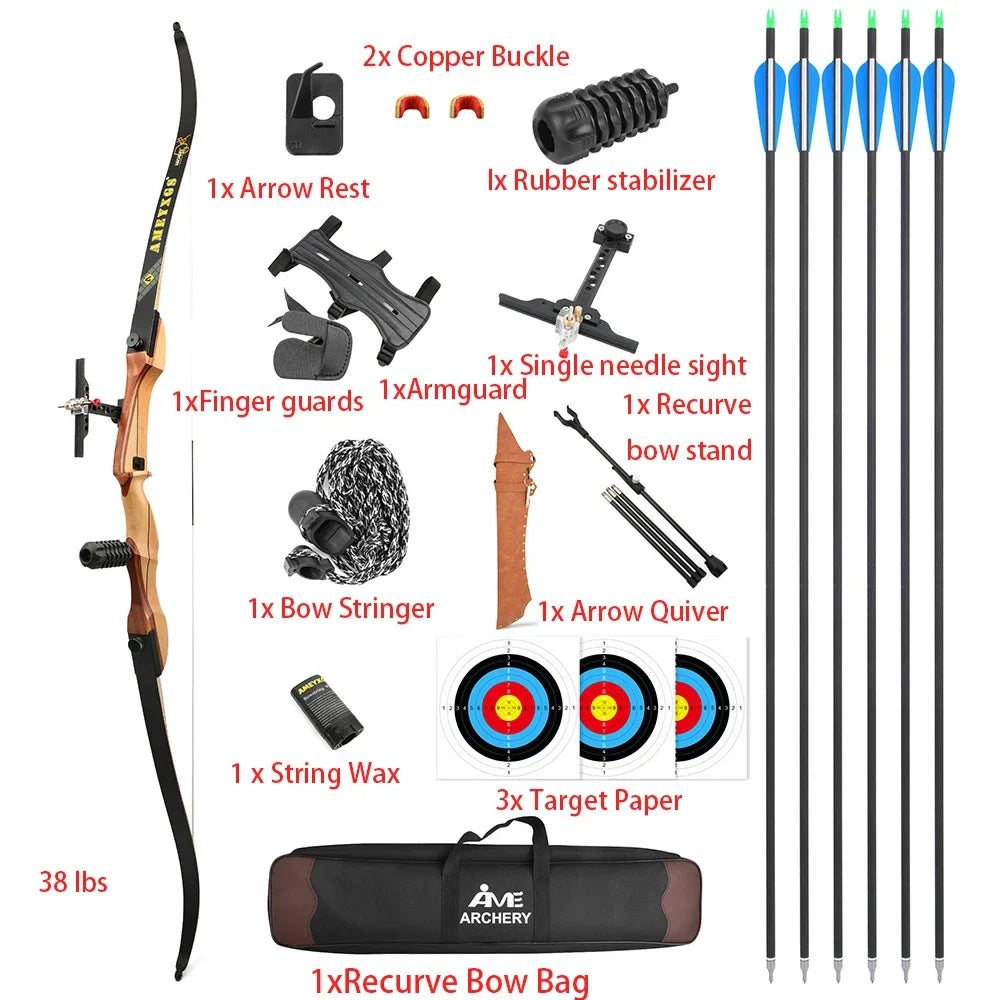 68" 20-40lbs Recurve Bow Archery Take Down Bow Carbon Arrow Shooting Split Wooden Bow Right Hand Hunting Target Practice Set