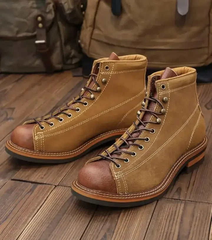 KOWM Hiking shoes cowhide men's trekking boot British ankle casual sneakers trekking shoes thick soled high top motorcycle boots