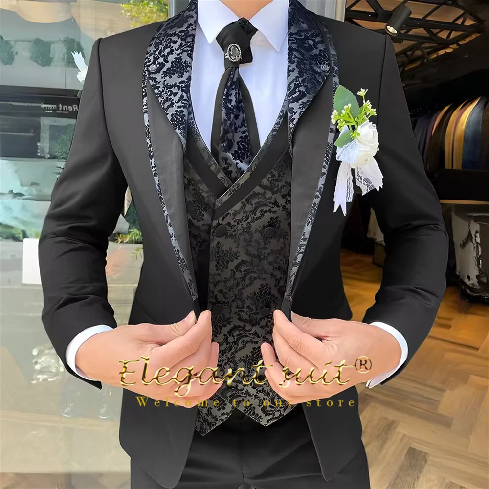 Men's 3-Piece Suit Set, Black Jacquard Vest, Contrast Style, Suit, Vest & Trousers, Weddings & Celebrations Choice