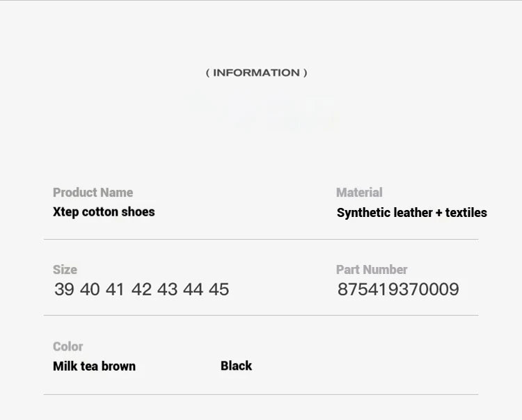 Xtep Male's Cotton Shoes 2025 Winter New Arrival Cushioning Warm Wear-Resistant Soft Lightweight Jogging Sneakers 875419370009
