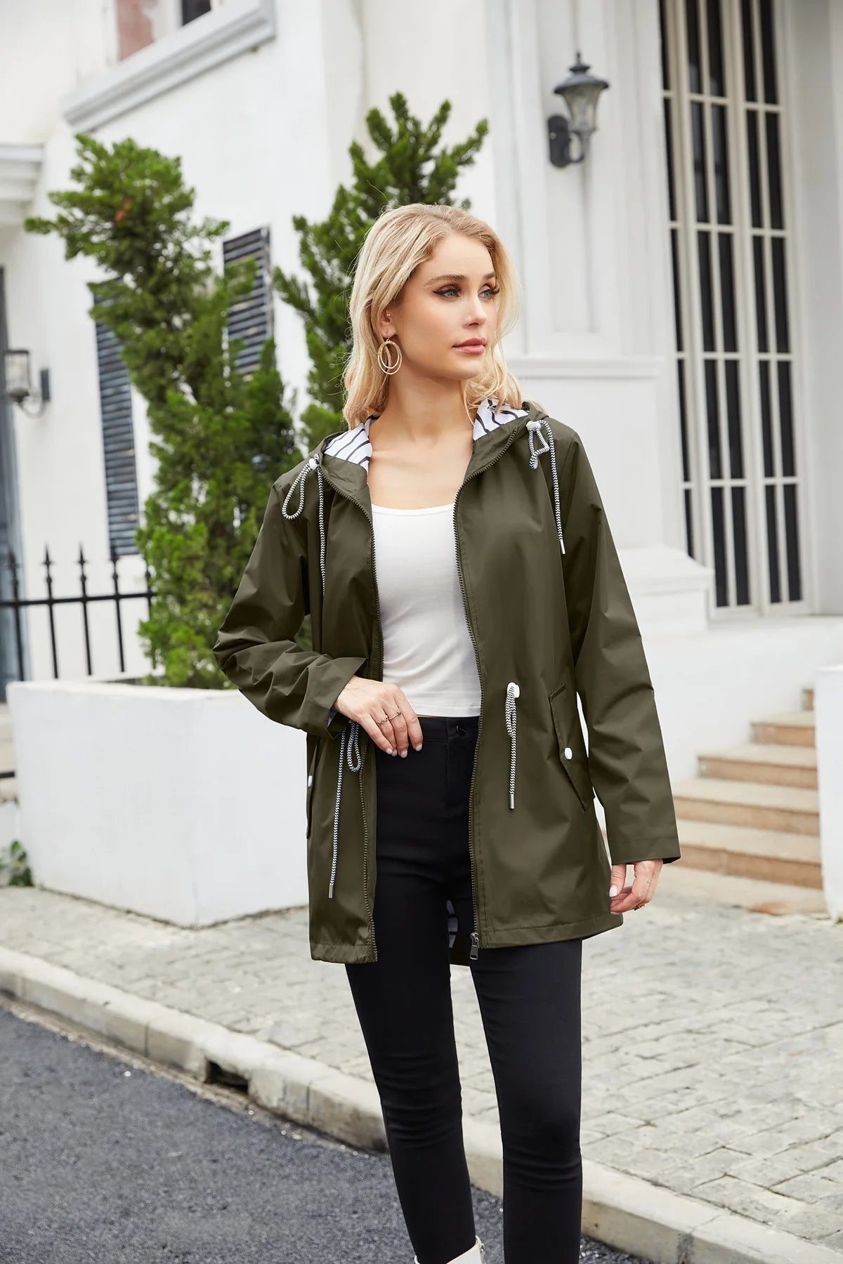 Red Waterproof Hooded Jacket, Women Fashion Casual Coat, Waist Drawstring Tie Zipper Switch Blue Green Yellow Black Windbreaker
