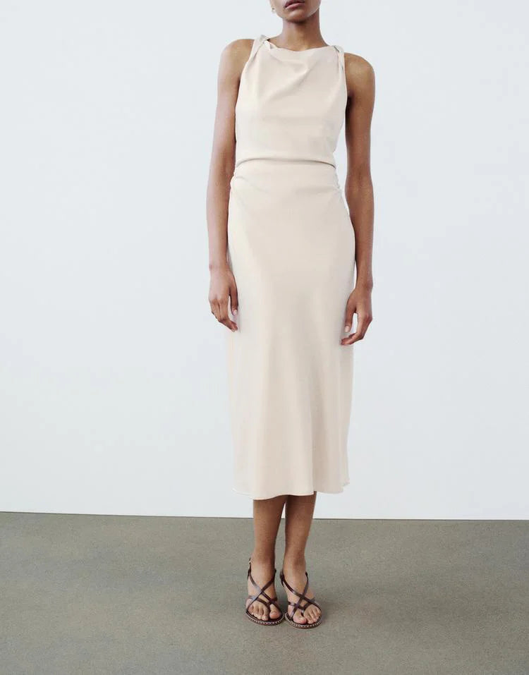 Early Autumn Silk Satin Texture Midi Dr High Waist A-Line Skirt No Sve round Ne Par Dr for Ladies in Their 20s
