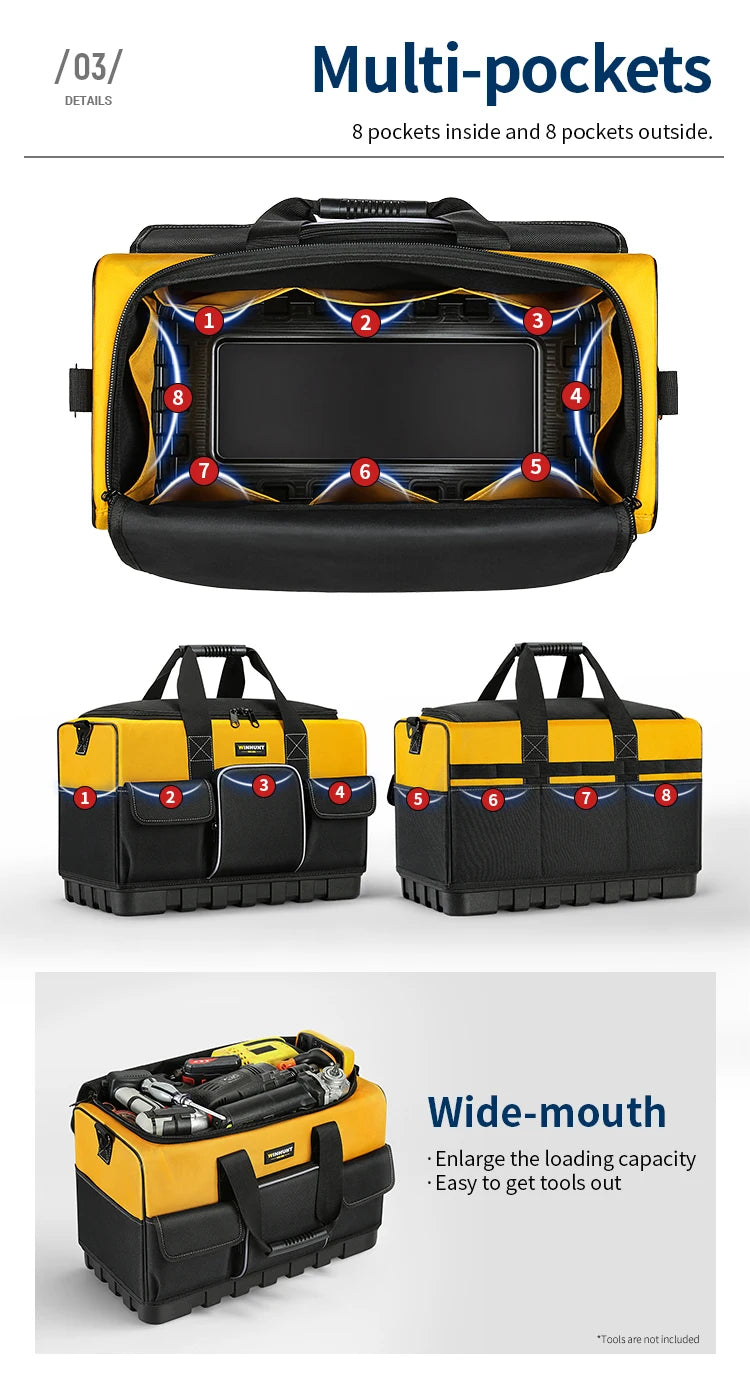 WINHUNT Heavy-Duty Tool Bag with Wide Mouth & Molded Bottom - Adjustable Shoulder Strap, Durable Polyester, Yellow/Black