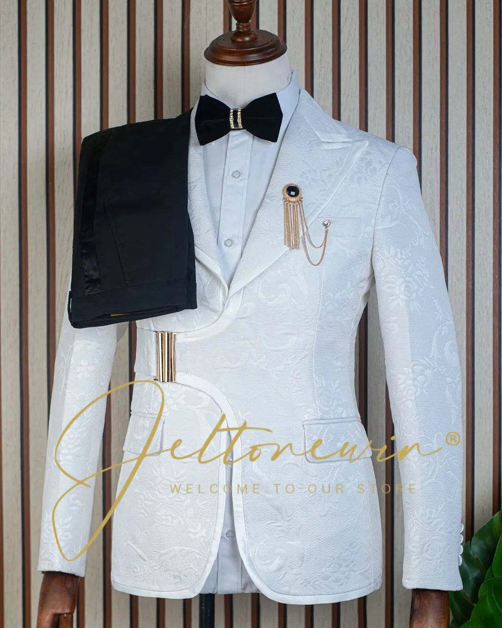 Blue Gold Jacquard Double Breasted Suit for Men Shawl Lapel Slim Fit Luxurious Fashion Statement Wedding Groom Stage Wear homme