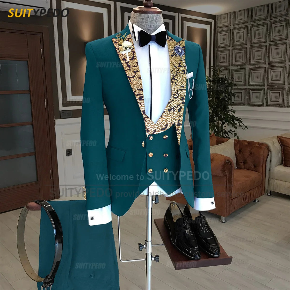 Luxury Men Suits Gold Printed Collar Formal Prom Male Elegant Costume Jacket Vest Pants 3 Pieces Wedding Party Fashion Tuxedos