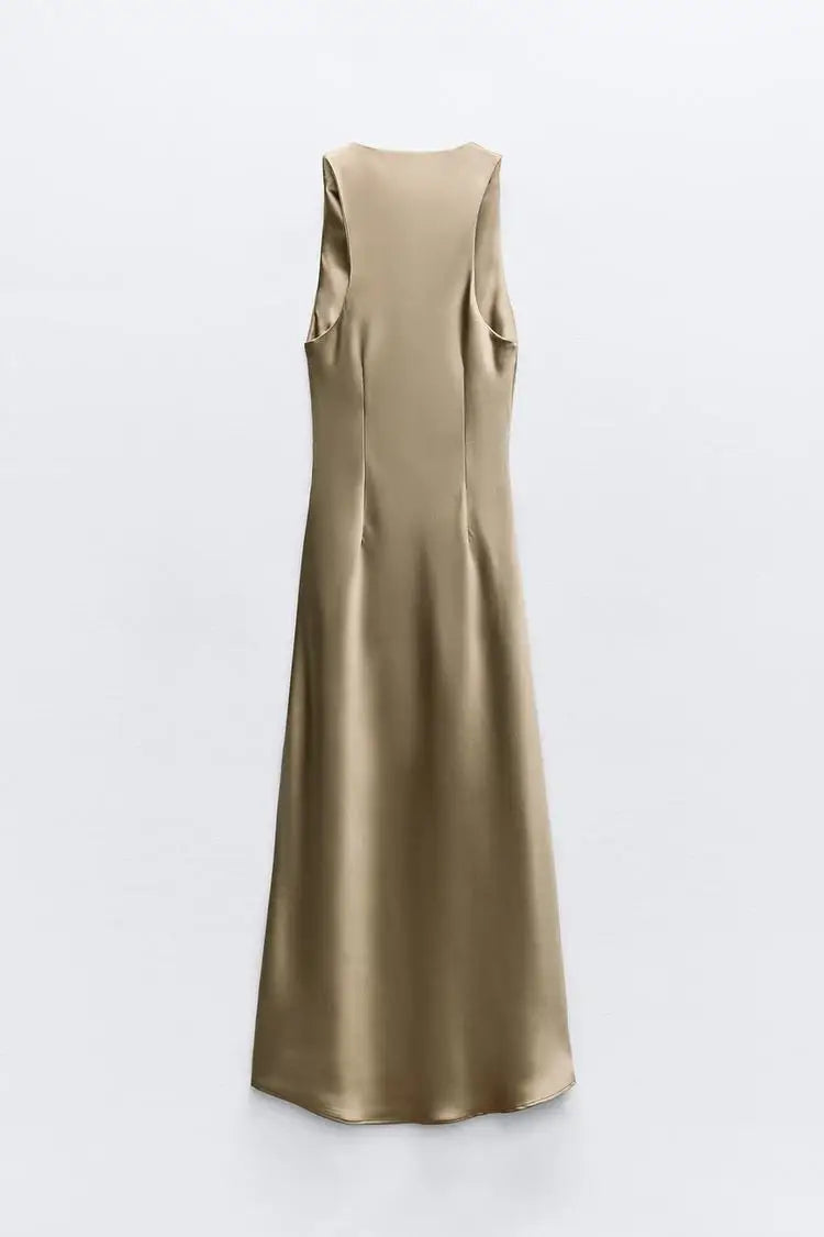 Early Autumn Silk Satin Texture Midi Dr High Waist A-Line Skirt No Sve round Ne Par Dr for Ladies in Their 20s