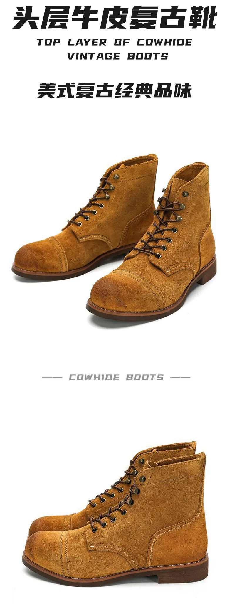 KOWM Hiking shoes cowhide men's trekking boot British ankle casual sneakers trekking shoes thick soled high top motorcycle boots
