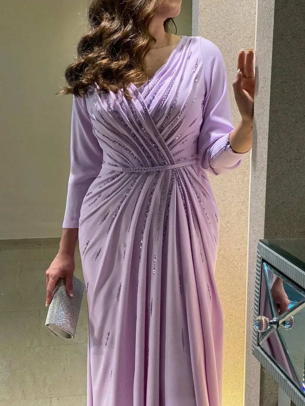 Oisslec Evening Gowns for Women Elegant Party Saudi Arabia V Neck Beaded Long Sleeves Prom Dresses Side Slit Wedding Guest