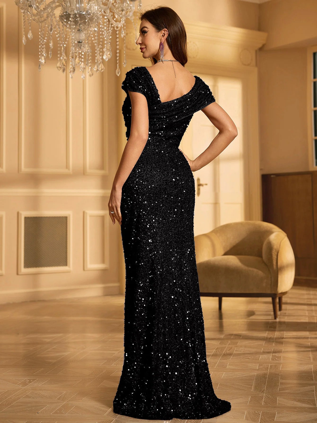 Unithorse Women’s One Shoulder Draped Sleeveless Long Floor-Length Glitter Sequin Formal Evening Dress